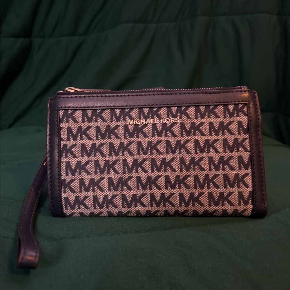 Michael Kors Navy and Tan Logo Wristlet